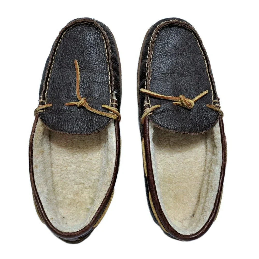 LL Bean Men's 8 Wicked Good Leather Shearling Moccasin Brown Slippers